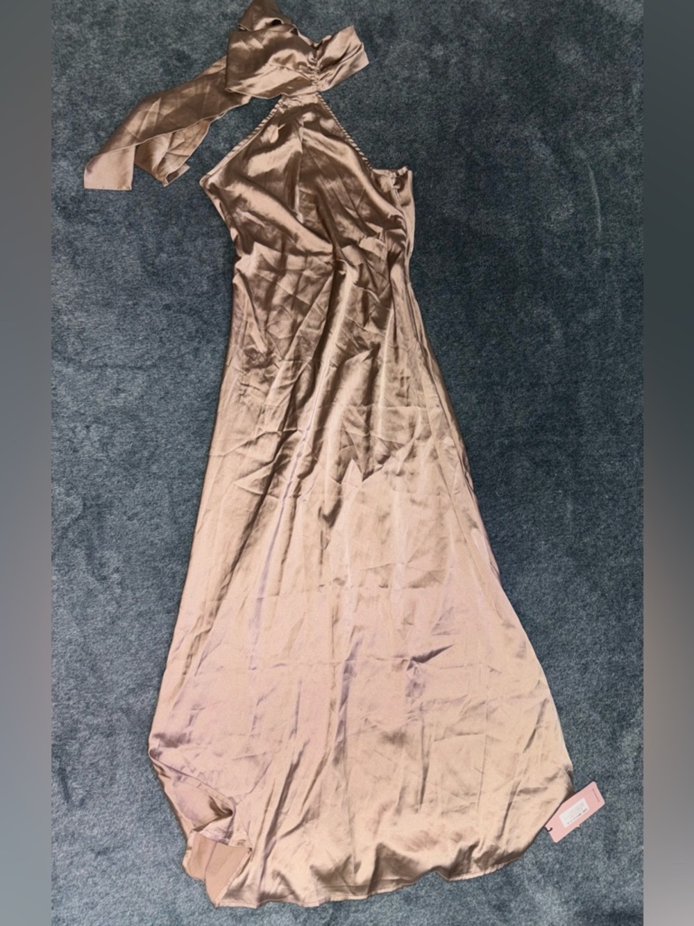 NWT Micas Hi Neck Pink Champagne Satin Tie Neck Full Length Dress Size Small